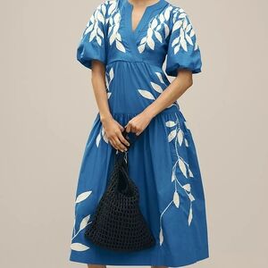 Blue Embroidered Applique Leaf Dress
